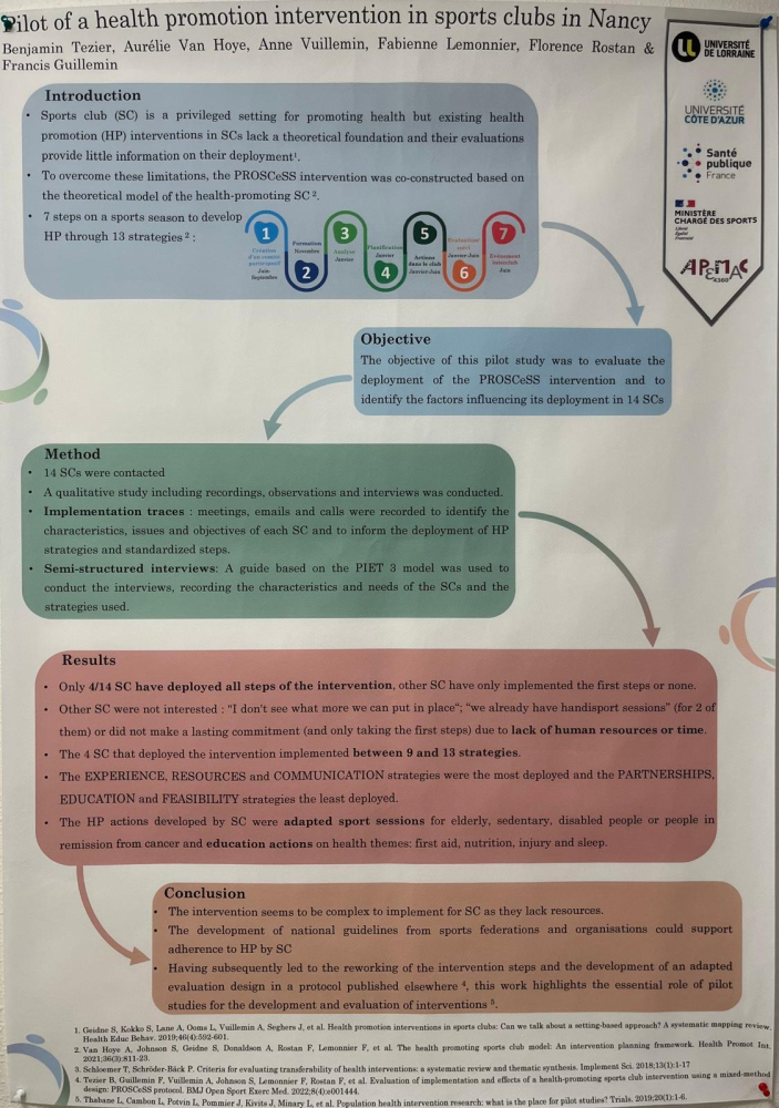 Poster sur le pilote d'une intervention de promotion de la santé dans les clubs sportifs à Nancy présenté au congrès HEPA Europe (2023)