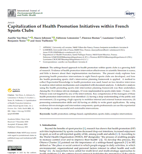 Capitalisation of Health Promotion Initiatives within French Sports Clubs Résumé