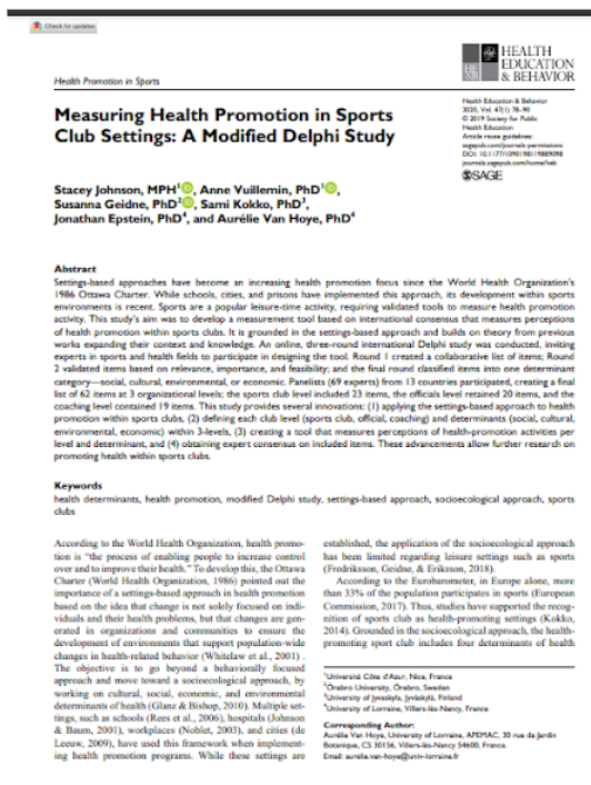 Measuring Health Promotion in a Sports Club Setting: A modified Delphi Study.