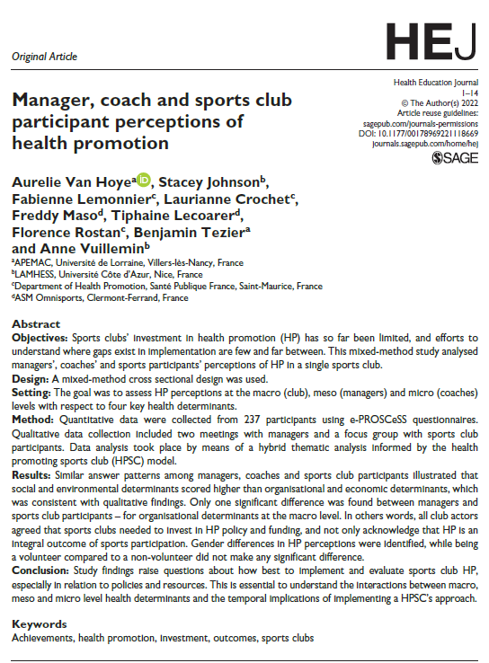 Manager, coach and sports club participant perceptions of health promotion
